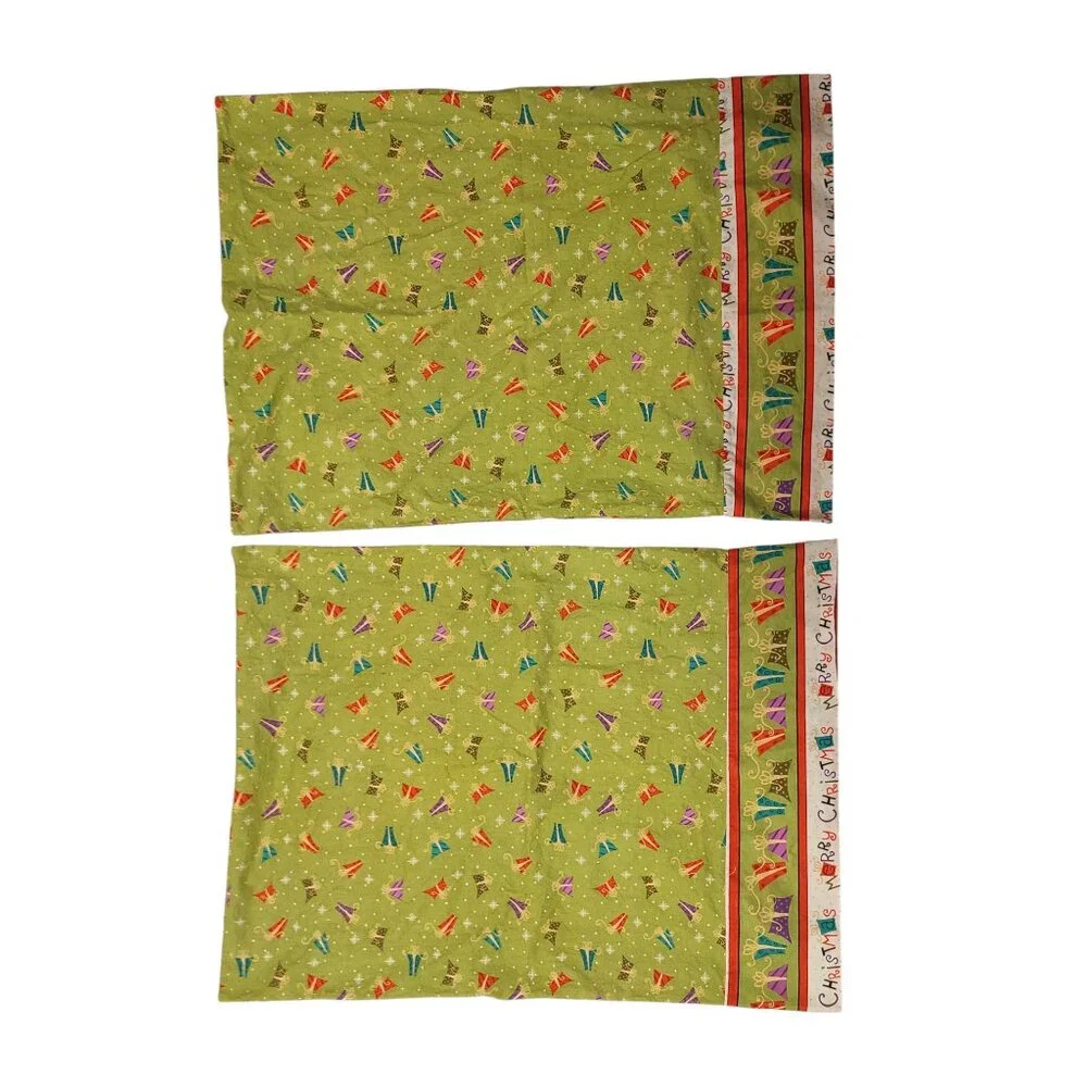 2 Homemade/Handmade Green Merry Christmas Gifts Pillowcases Excellent Condition